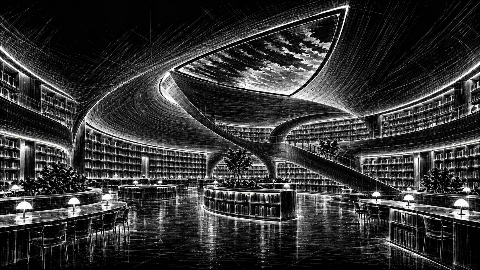 An architectural drawing of an orderly library with connected workspaces and sweeping staircases.