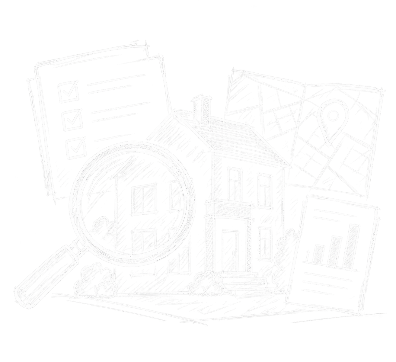 Property screening illustration with a house, magnifying glass, checklist, map, and financial chart.